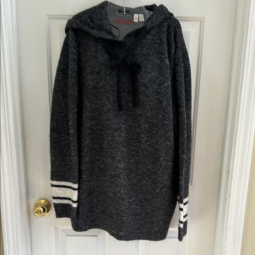 Moth At Anthropologie Cozy Gray Hooded Sweater with Striped Sleeves Large